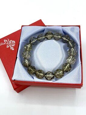 Natural Smoky-brown faceted Quartz Crystal 16 Beads stretch bracelet With Box